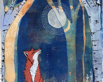 Woodland Fox and Moon - Art Print