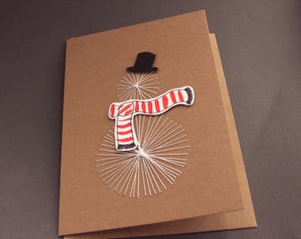Threaded Snowman Christmas Card - Handmade, Kraft, Threaded, sewing, Greeting Card, stitched, scarf, red and white