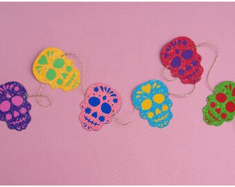 Multi-colored glitter dia de los muertos skull garland strung on metallic gold & natural colored hemp twine READY TO SHIP