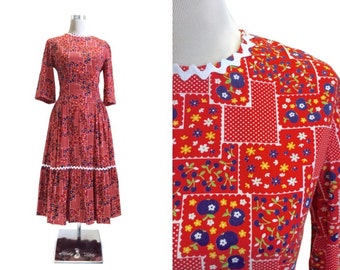 Reduced 1950's Dress | Blue Apples Novelty Print Dress | Red Dress | 50's Vintage Dress | Square Dance | Patio Dress - Ric Rac Trim