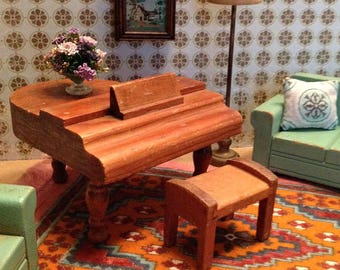Vintage Miniature Strombecker Piano and Bench from 1930's for 1:16 Scale Dollhouse