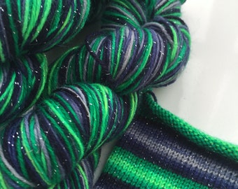 Hand dyed self striping sparkle sock yarn - Aurora Borealis