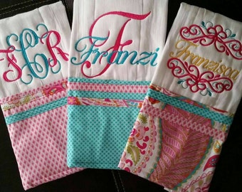 Set of three embroidered burp cloths for baby girl