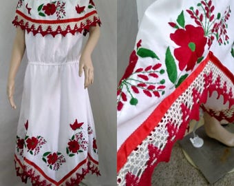 Amazing Vintage Mexican Sun Dress Hand Embroidered Crochet with Handkerchief Hem
