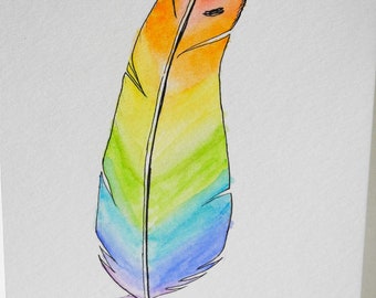 Rainbow Watercolor and Ink Bird Feather