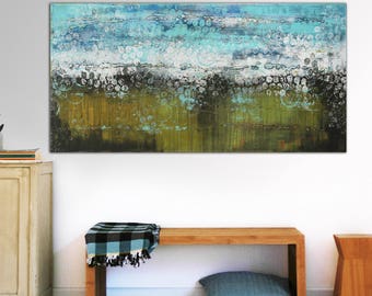 Original Painting 55.1"x27.6"- Ready To Hang- Abstract Wall Art- Landscape Green and Blue- Ronald Hunter