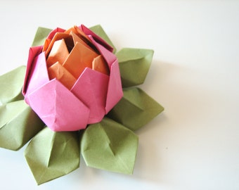 Bright Origami Lotus Flower - handmade paper flower - Pink, Orange and Moss Green - teen birthday, Mother's Day gift