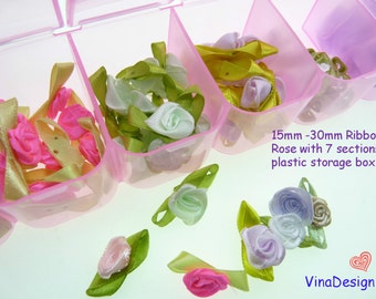 Small Ribbon Rose with Big Storage Box Mini Satin Rose With Leaf 7 Section Storage Box Cute Mini Rose Small Rose flower With Leaf Organizer