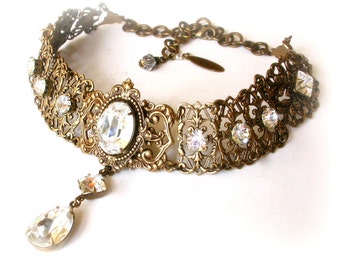 Swarovski Crystal Choker - Victorian Gothic Brass Choker - Victorian Jewelry -Wedding Jewelry