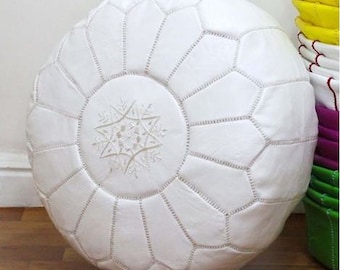 PREMIUM Genuine Leather Moroccan Pouf Pouffe - WHITE