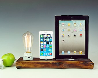 Walnut docking station for iPad and iPhone, Edison bare bulb lamp and solid live edge walnut dock/charger. USA. #774.