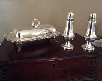 Silver Plate Butter Dish and Salt & Pepper Shakers~Vintage Butter Dish~Vintage Salt and Pepper Shakers~Covered Butter Dish