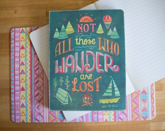 Those Who Wander Tolkien Blank Lined Journal Hand Lettered Illustrated Coptic Binding Lay Flat Inspirational Travel Journal Notebook
