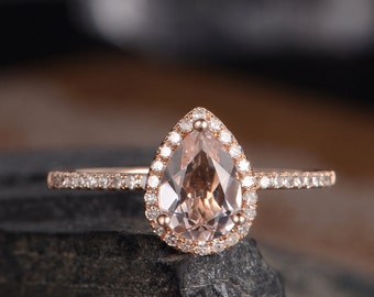 Pear Shaped Engagement Ring Morganite Rose Gold Ring Bridal Diamond Halo Women Antique Ring Anniversary Gift Mothers Day Gift Drop Tear