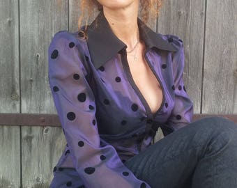 Purple curved blouse with velvet peas. 03317