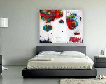 large ABSTRACT Print of Painting, Giclée print with blue, red,white, yellow, "Colorful islands"
