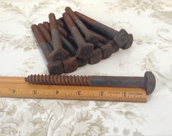 12 Rusty Industrial Lag Bolts, 5 1/2" Bolts, Salvaged Hardware, Industrial, Steampunk, Assemblage Supply, New Old Stock, Rusty Bolts