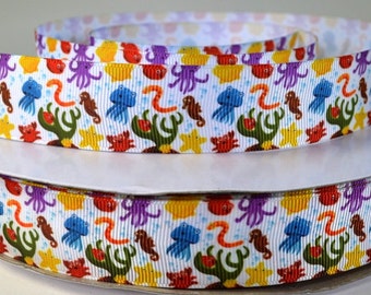 1" Nautical Ribbon, Seahorse, Crab & Sea Life Print Grosgrain Ribbon