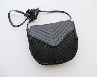 Vintage Black Leather Purse, Made in Italy for Holt Renfrew, Quilted Ribbed Crossbody Travel Bag