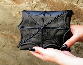 Spider web makeup cosmetic bag for purse, faux leather make up bag, cosmetic bag, vegan bag, small makeup bag, goth makeup bag, black bag