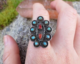 Native American Made Sterling Silver, Turquoise and Coral Ring Size 6.5