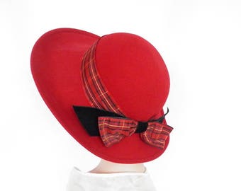 Woman's red hat, vintage tilt, 1960s wide brim with plaid ribbon
