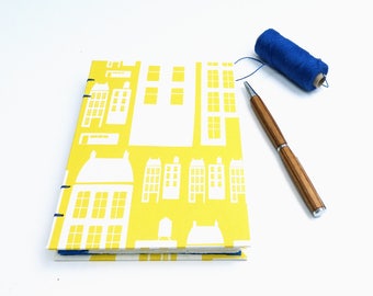 Hand made journal, notebook with coptic binding A6, yellow gratitude journal, sketchbook