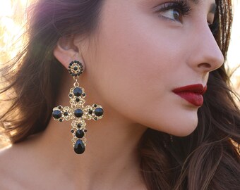 Gold Cross Earrings (Mexican Wedding Earrings Religious Catholic Earrings Costume Stocking Stuffer Christmas Gift Mexico Faith Jewelry Boho)
