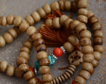 Bone Beads Mala Antiqued Brown Bone Beads 8mm Rondelle Beads Tibetan Prayer Mala 108 Beads Handmade Tea Stained Bone Beads LUM14-8