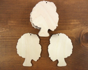 African Woman Head Wood Dangle Earring Pendant 3" H Laser Cut Jewelry Shapes - 12 Pieces