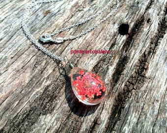 Glass drop red flower necklace/ dried flower/ wire/ jewelry/ gift/ anniversary/