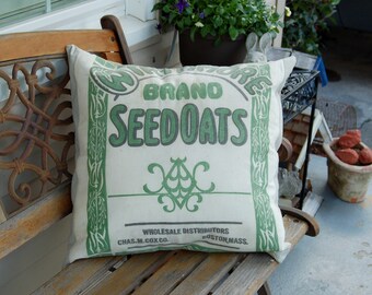 Vintage Seed Sack Pillow Cover - Green Linen 22"x22"