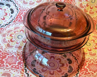 Lot of 3 Pyrex Cranberry Pink 624C Casserole with Lid, 209 Pie Plate, 326 Mixing Nesting Bowl