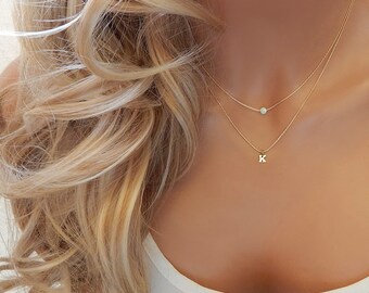 Layered Opal Birthstone Initial Necklace • Gift for Her • Dainty Personalized Letter Gemstone Jewelry Gold Silver • Girlfriend Gift