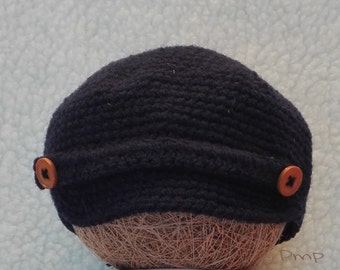 Crochet Beanie in navy blue with visor (0-3 months)