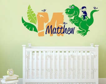 Dinosaur Themed Personalized Name, Custom Initial Vinyl Wall Decal Sticker for Nursery, Boy's or Playroom