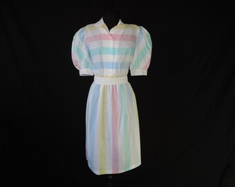candy stripe dress 1970s pastel striped pink blue yellow disco dress large