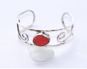 Orange Red Sea glass sterling silver cuff bracelet