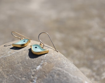 Gold robin blue bird earrings