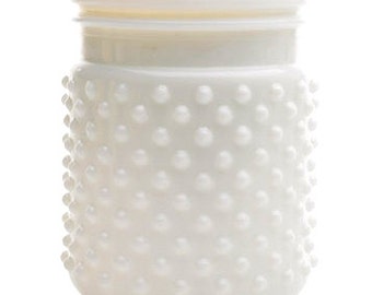2 White Hobnail Glass Jars