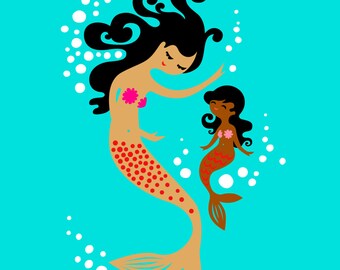 8X10" mermaid mother & daughter giclee print on fine art paper. teal, pink, tan and chocolate skin