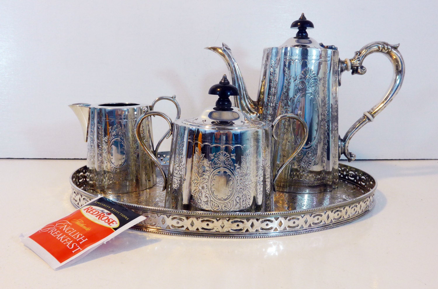 Antique Edwardian Silver Plate Barker Ellis Tea Service w/ Oval Serving Tray Etched