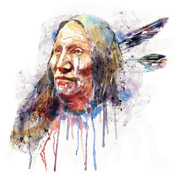 Native American Watercolor portrait Indian Warrior Aquarelle