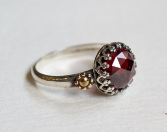Garnet Ring, silver gold ring, floral ring, crown ring, engagement ring, dainty ring, boho ring, gypsy ring, simple - The magic moment R2264
