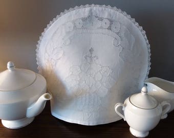 Vintage white linen tea cosie cozie cover with cut work