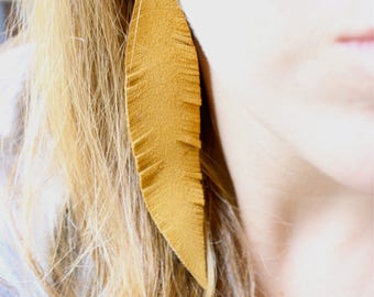 Mustard Feather Earrings, statement earrings