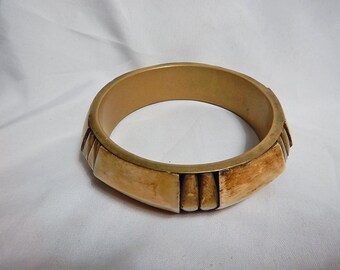 Ox Bone and Brass Bangle Bracelet, Vintage Wide thick bangle egyptian look bracelet, Brass Geometric Jewelry,Business Wear Worthy