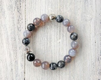 Gray gemstone bracelet / Multicolor stretch bracelet / Agate bracelet / Labradorite bracelet