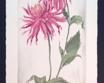 Signed original vintage watercolor magenta chrysanthemum still life