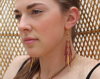 Tropicana Grape Tropical Long Fringe Maroon Statement Earrings
